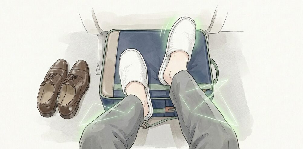 足元の荷物の向きを工夫してフットレストにする技
