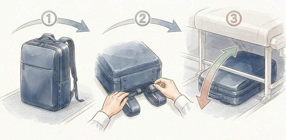前の席の座席下に荷物を収納する正しい置き方