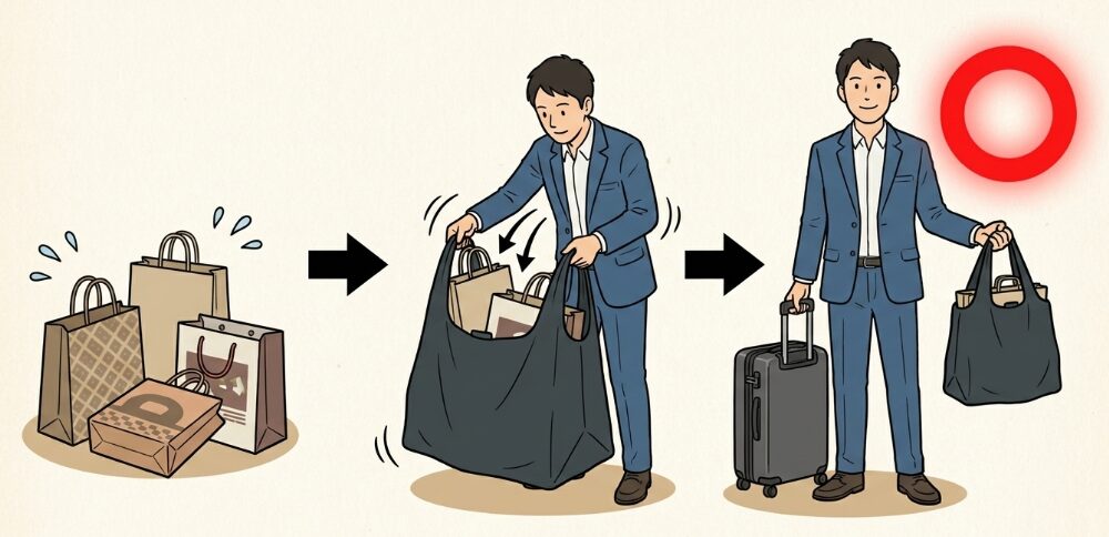 お土産の紙袋を1つにまとめる便利グッズ