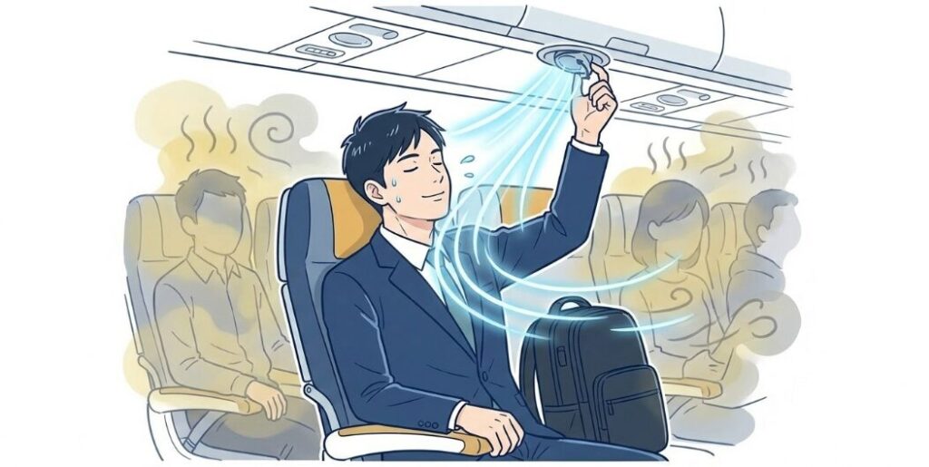 空調の風を直接受けるために上部ノズルを調節