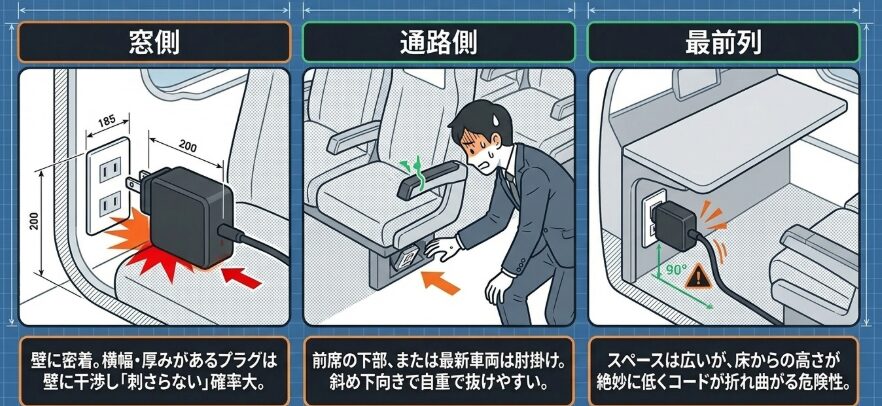 壁面と座席下で異なるコンセントの形状