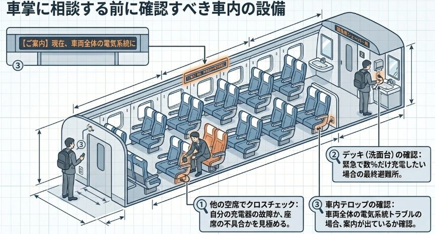 車掌に相談する前に確認すべき車内の設備