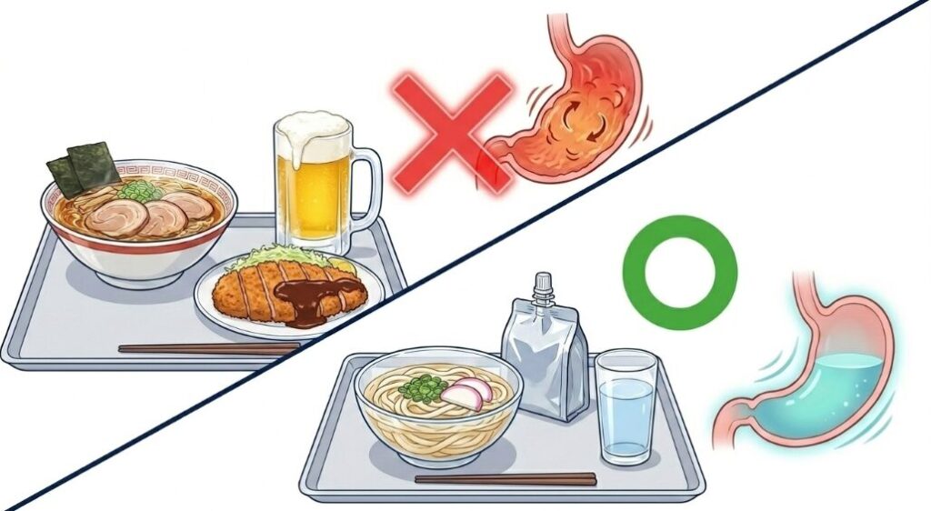 登場直前の食事を工夫して胃腸のつらさを回避