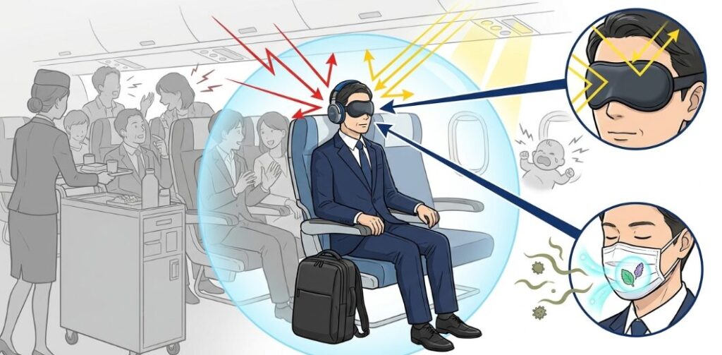 満席時の機内で実践している五感を休める対策