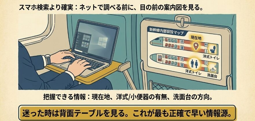 車内の座席背頭部にある案内図での見つけ方