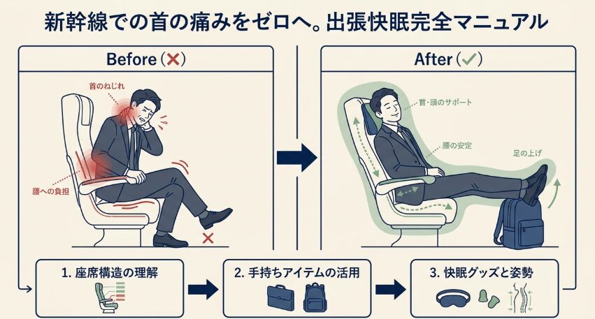 新幹線で首が痛くならない寝方のコツと出張快眠グッズの使用感