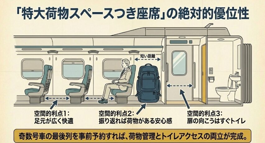 特大荷物スペースつき座席とトイレの位置関係
