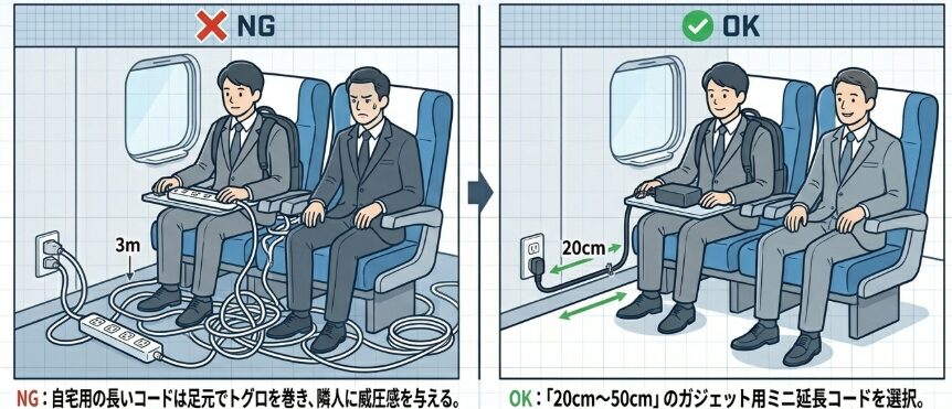 隣の席に迷惑をかけない延長コードの選び方