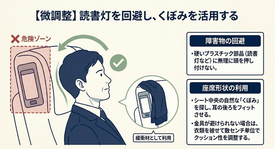 読書灯の出っ張りを避けて頭を固定するコツ