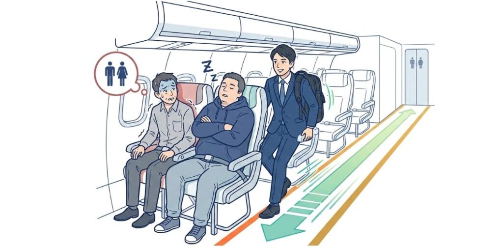 通路側席を選んでいつでもトイレに立てる安心感