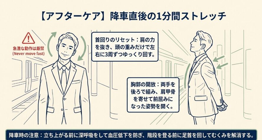 降車駅で行う首と腰のストレッチ方法
