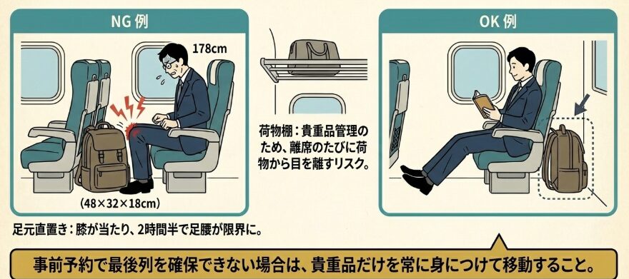 大きめビジネスリュックを置くスペースの確保