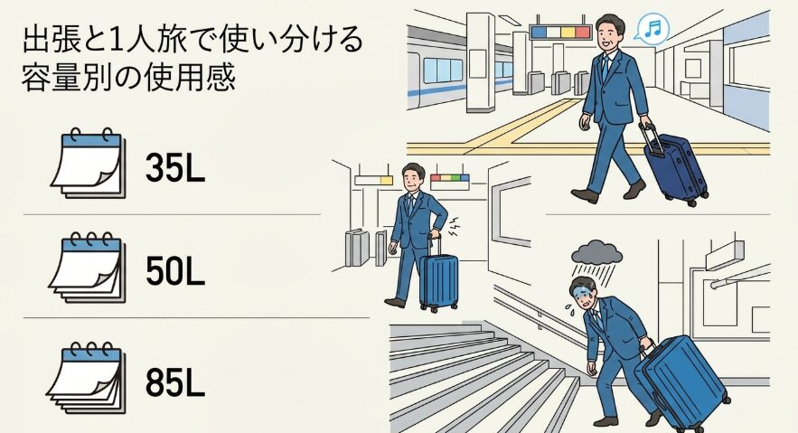 出張と1人旅で使い分ける容量別の使用感