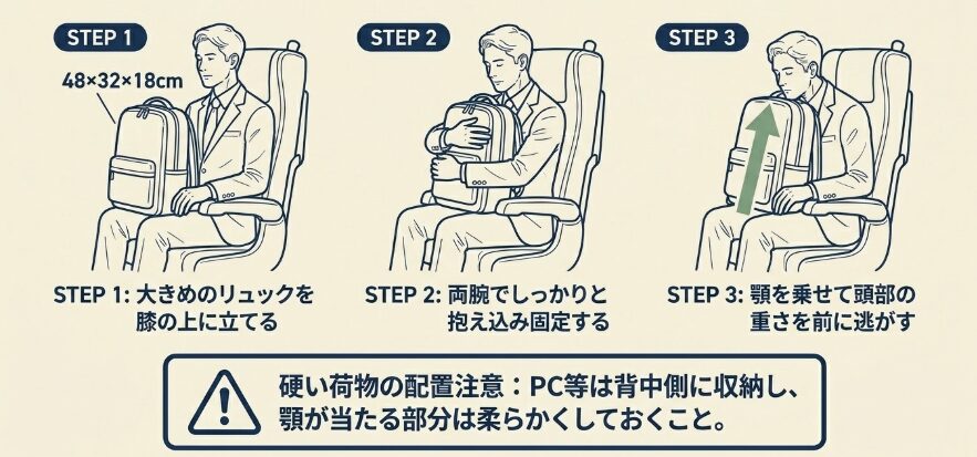 ビジネスリュックを前に抱える抱き枕作戦