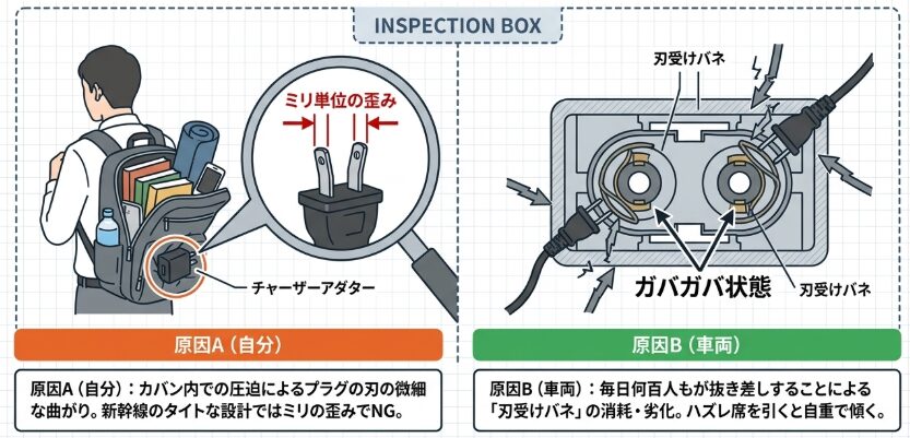 壁面と座席下で異なるコンセントの形状