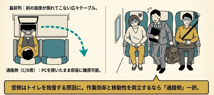13.3インチのPCを広げて作業できる座席