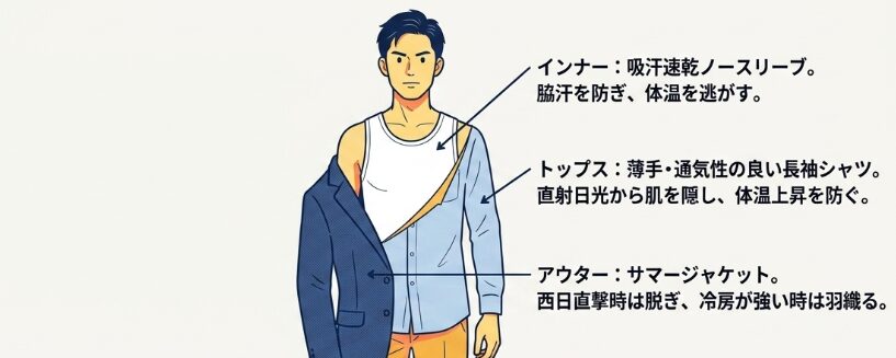 眩しさと車内の暑さを軽減するノースリーブ等の服装選び