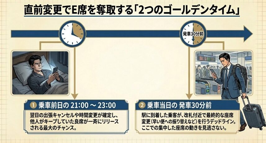 直前の変更でE席を狙うおすすめの時間帯