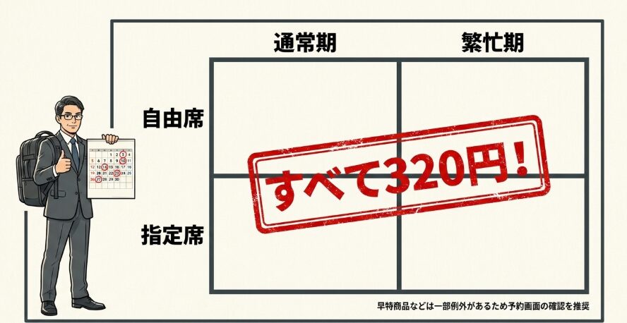 自由席と指定席での負担額の比較