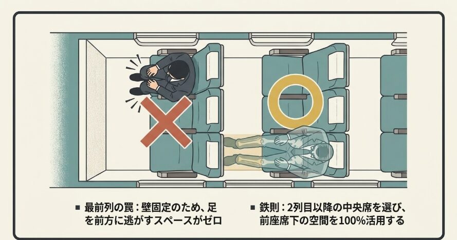 足が当たって不快な場合の避けるべき席