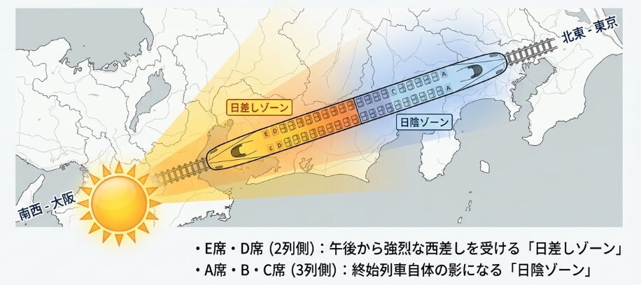 東海道新幹線で西日を避けるならE席ではなくA席を選ぶ
