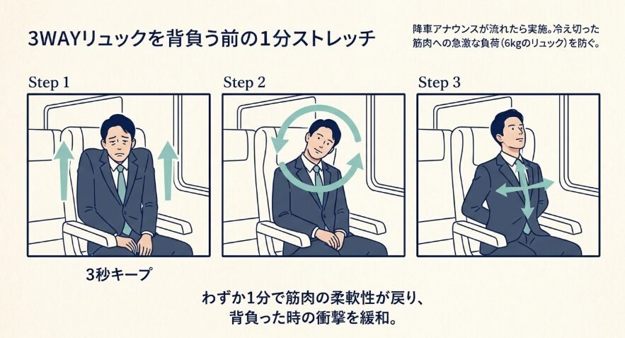 3WAYリュックを背負う前の1分ストレッチ