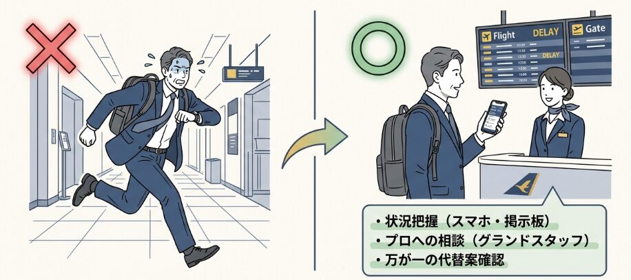 飛行機遅延で乗り継ぎピンチ！走るより先にすべき最速対処法