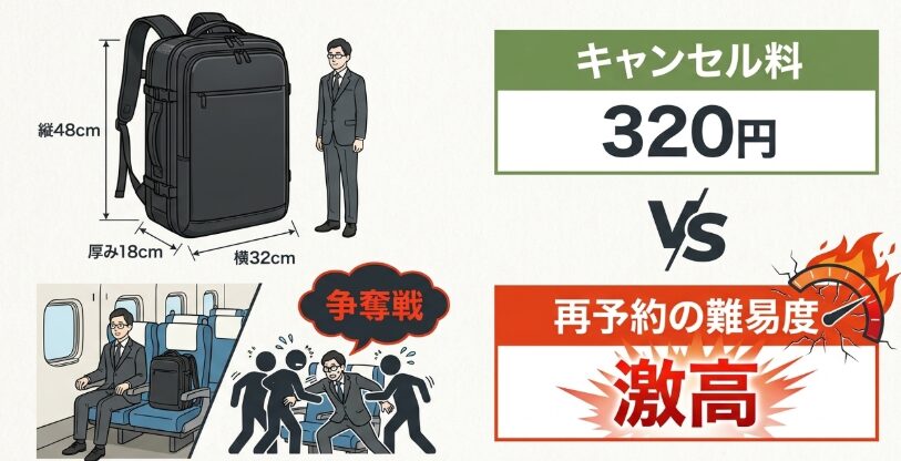 大きなビジネスリュックを置く特大荷物席
