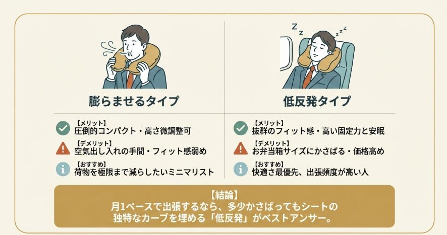 【実体験レビュー】膨らませるタイプ vs 低反発タイプ、新幹線での本音