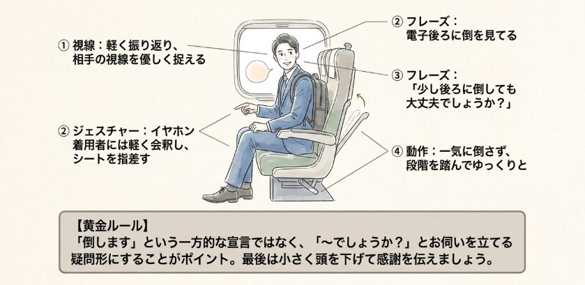 後ろの席の状況を考慮した丁寧な倒し方