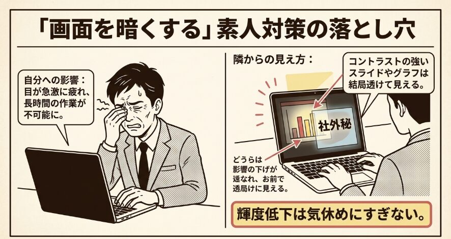 パソコン画面の輝度を下げるだけの限界