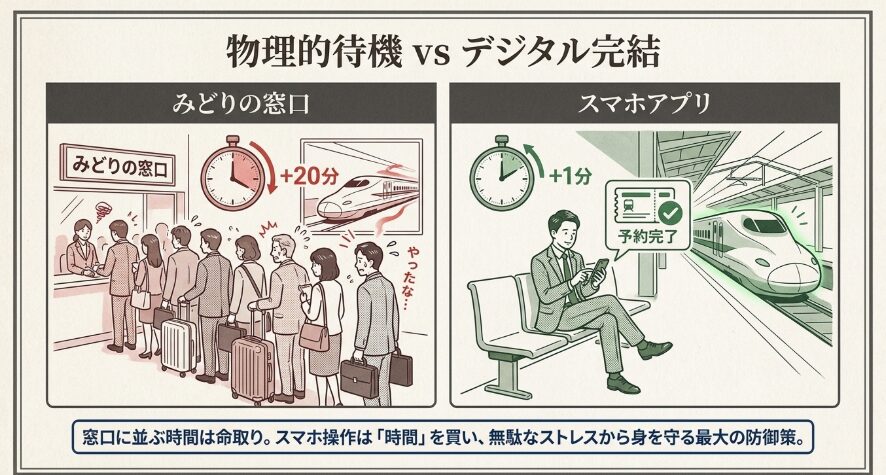 駅の窓口に並ぶ時間とスマホ操作の利便性比較