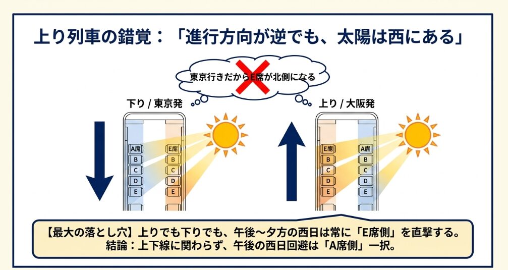 上り列車で日差しを回避するための座席配置と進行方向