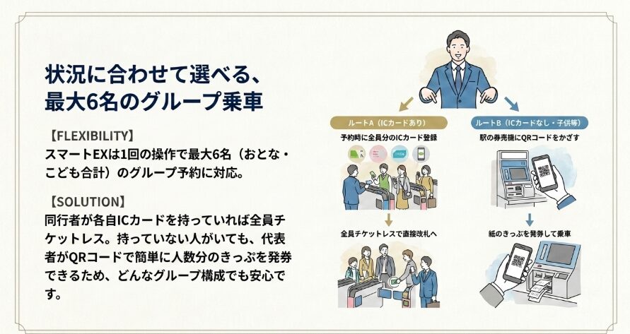 同行者もICカードまたはきっぷ受け取りで乗車可能