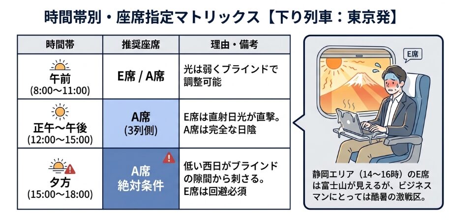 午後の下り列車で日差しを遮る窓側座席のポジショニング