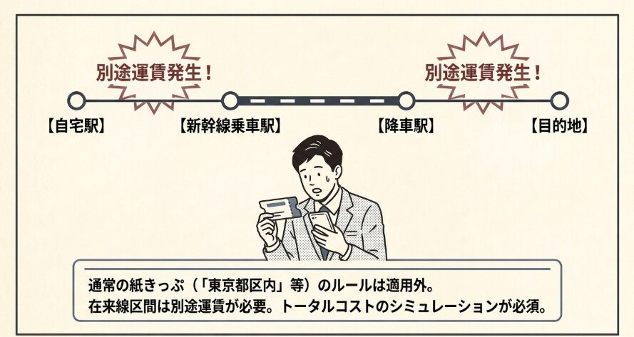 特定都区市内制度（都区内・市内きっぷ）は適用されない