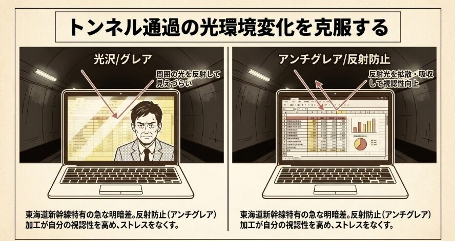 トンネル通過時の画面反射と見え方の変化