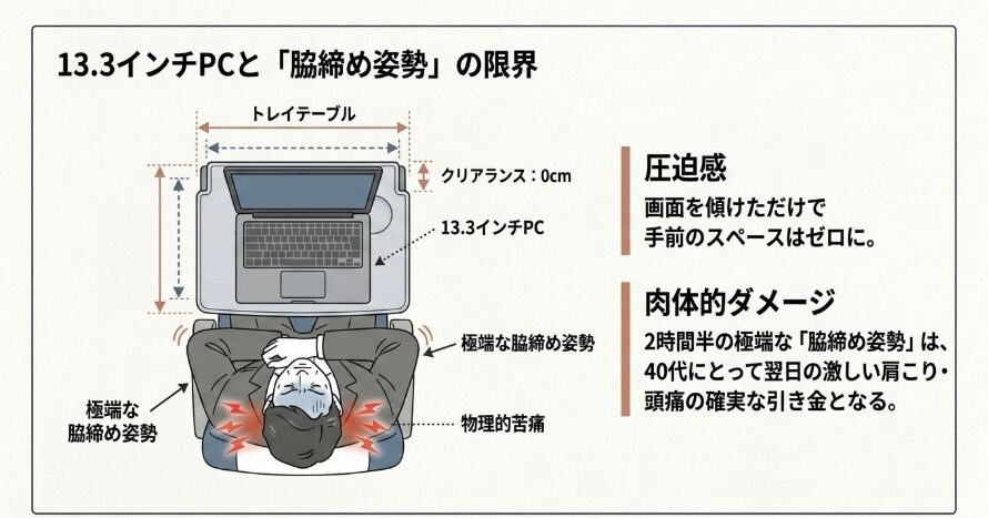 13.3インチのノートPCが開けない狭さ