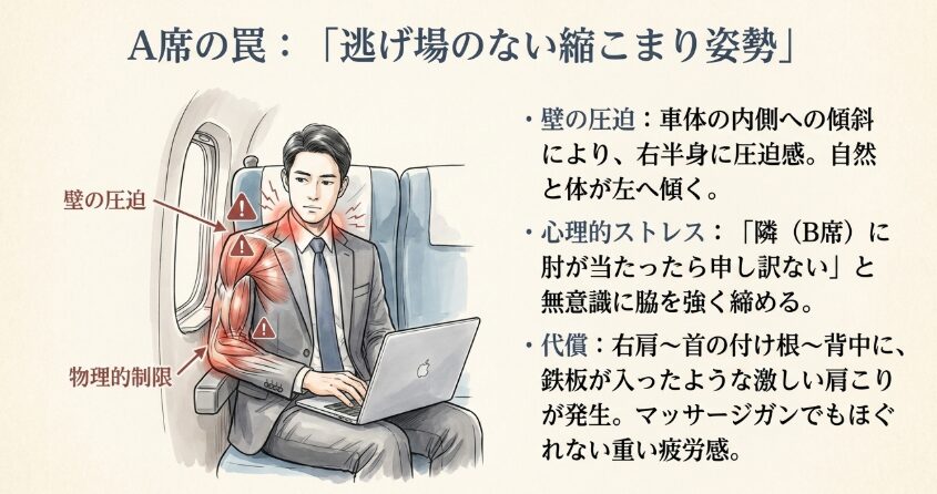 【窓側・A席】壁の圧迫感と「逃げ場のない縮こまり姿勢」の代償