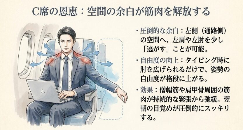 【通路側・C席】空間の余白がもたらす筋肉の弛緩と快適性