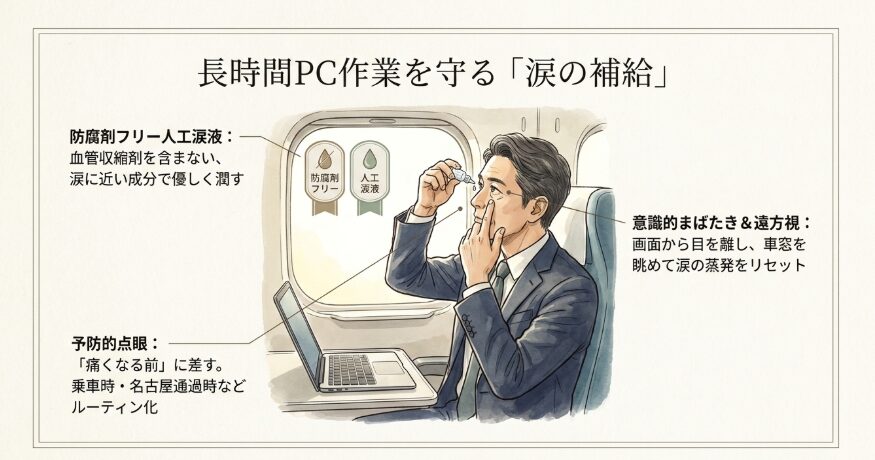 ドライアイを防ぎ長距離移動を快適にする目薬