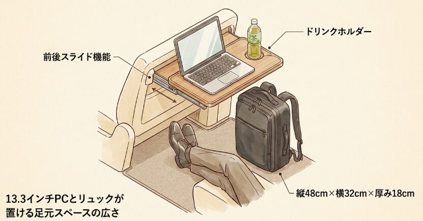 13.3インチPCとリュックが置ける足元スペースの広さ