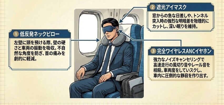 E席で仮眠を取るための必須アイテム