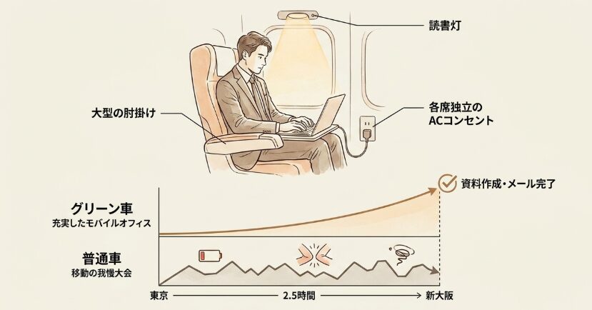 東京から新大阪間でグリーン車を選んで得られた作業効率