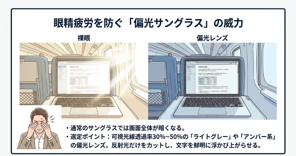 ブラインドを下げても眩しい時の偏光サングラス活用術