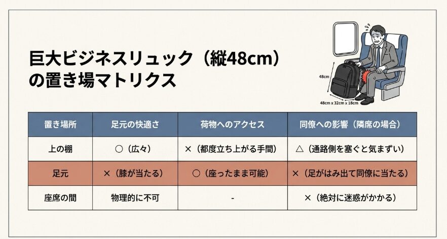 縦48センチのビジネスリュックの置き場