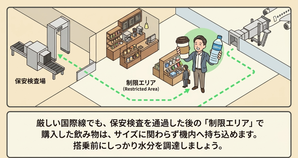 保安検査通過後に制限エリアで購入したドリンクの扱い