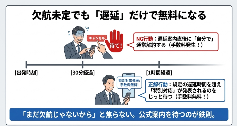 欠航ではなく大幅遅延でも対象になるケース