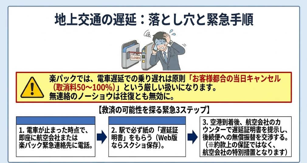 空港へ向かう途中の電車遅延で搭乗できなかった時のキャンセル料