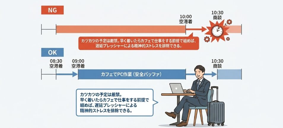 到着遅れを見越したビジネスのスケジュール